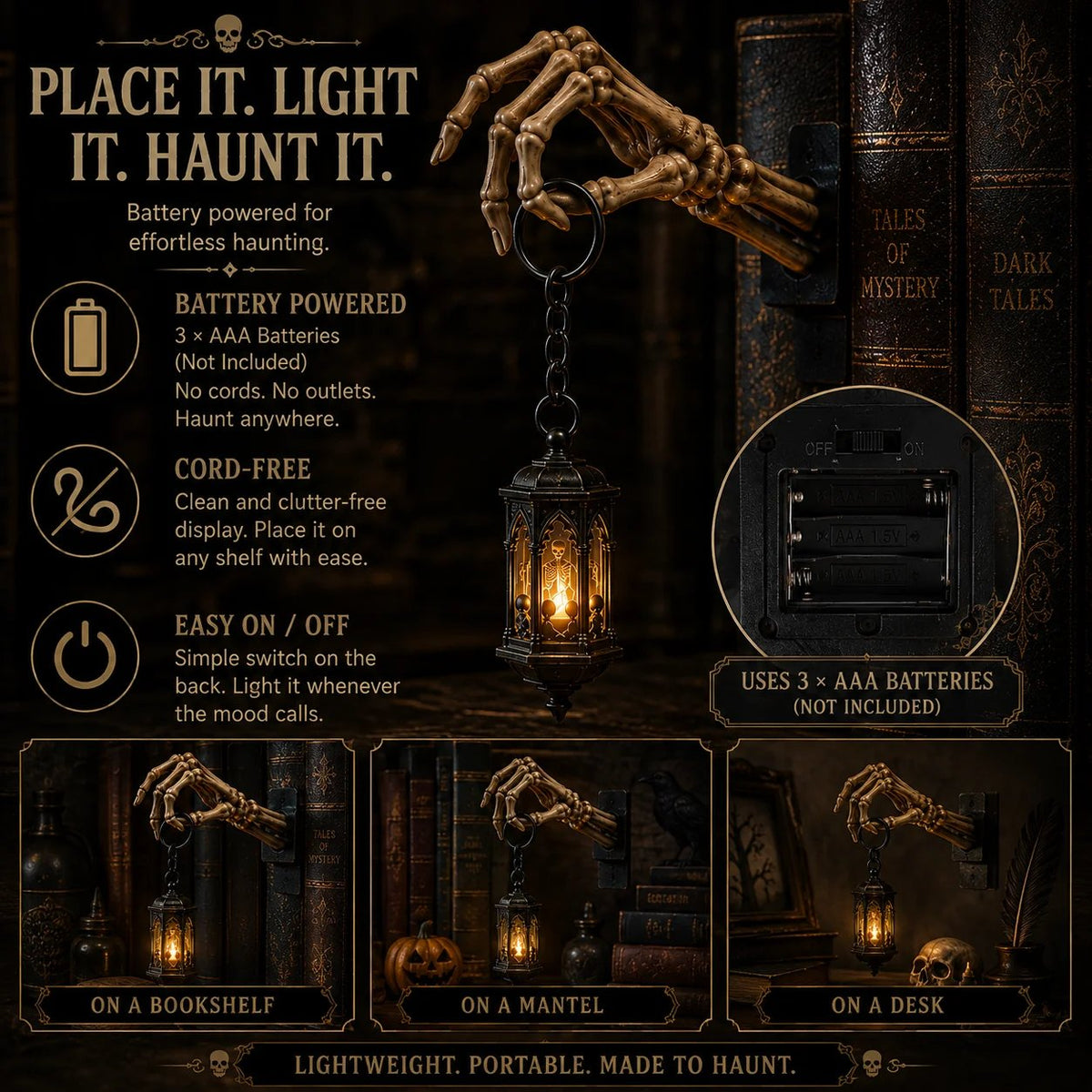 💀 Skeleton Hand Lantern boekenplanklamp | Gotische decoratie voor op de plank op batterijen, met warme amberkleurige LED, snoerloos ontwerp en montage zonder gereedschap 🕯️