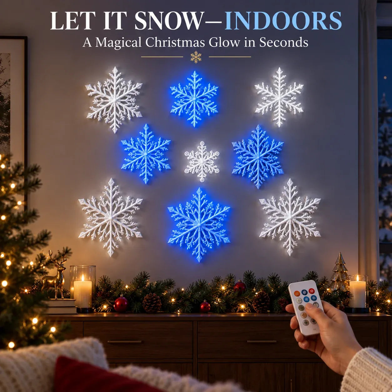 ❄️✨ LED-wandlampjes in de vorm van sneeuwvlokken — 3D-kerstversiering met afstandsbediening, blauwe en witte gloed