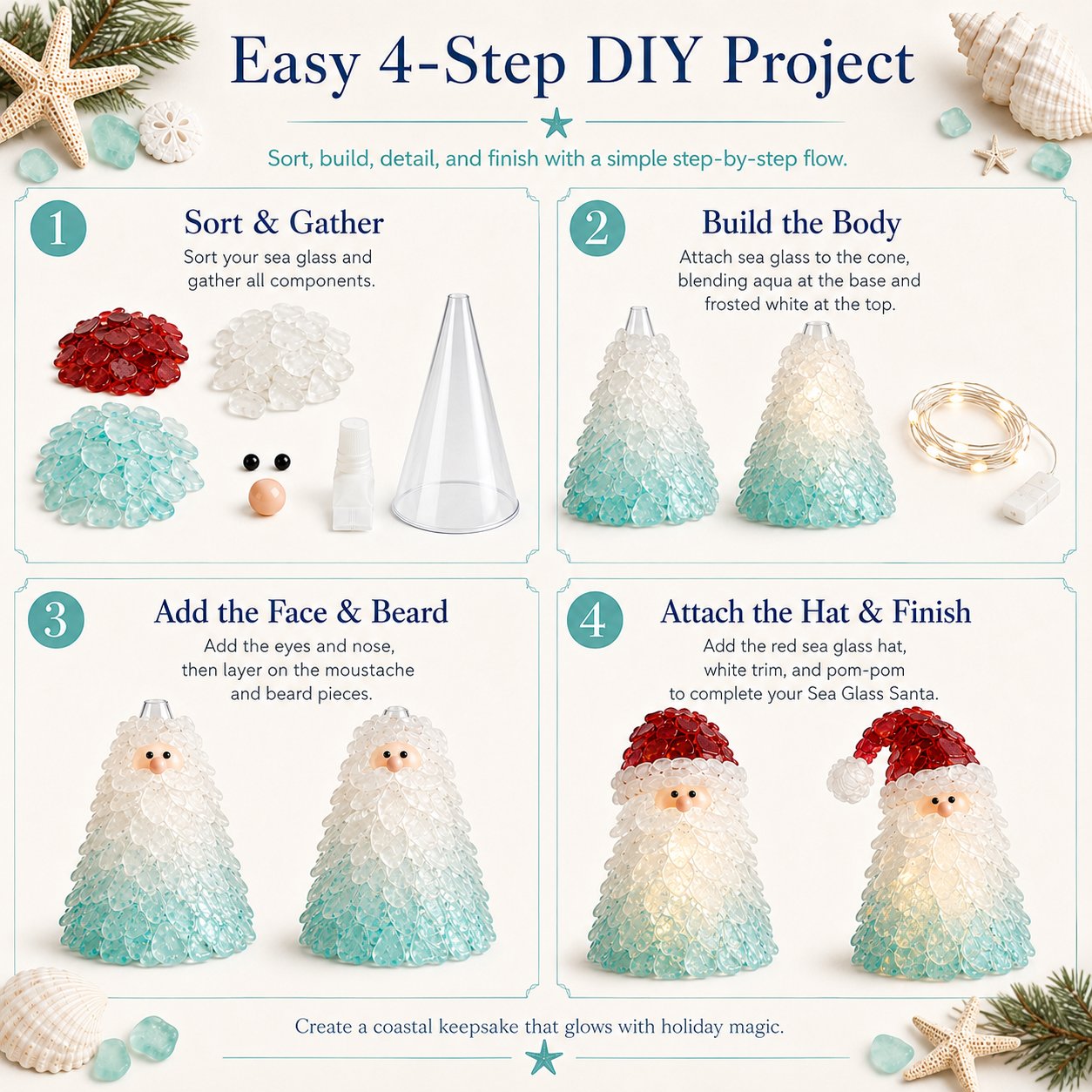 🎅 Beginnersvriendelijke doe-het-zelf-set voor kerstversiering met verlichte zeeglas-kerstman | Complete set inclusief stukjes zeeglas, warme kerstverlichting en een stapsgewijze handleiding 💕