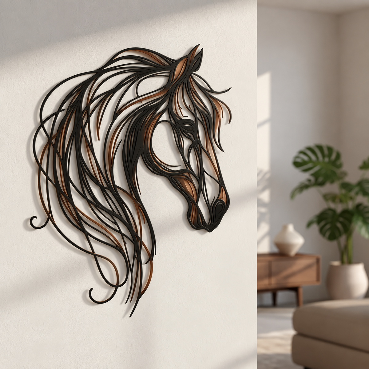 🐴✨ Metalen Paardenhoofd Wanddecoratie – Elegante Kunst met Warme Brons- en Koperaccenten