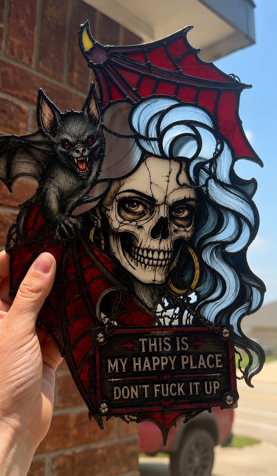 🦇💀Gotische schedel & vleermuis “My Happy Place” wanddecoratie — Wanddecoratie met haareffect dat reageert op je stemming✨