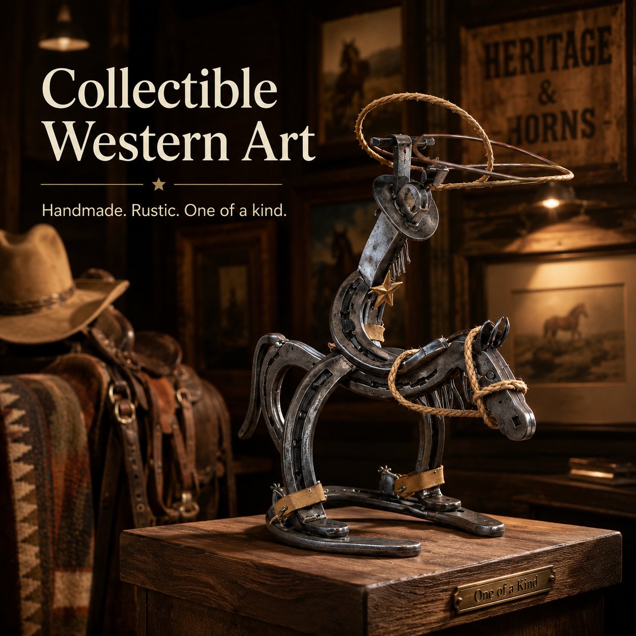 🐴⭐ Handgemaakt Western Paardenbeeld – Stoere Decoratie met Karakter! 🤠🌵