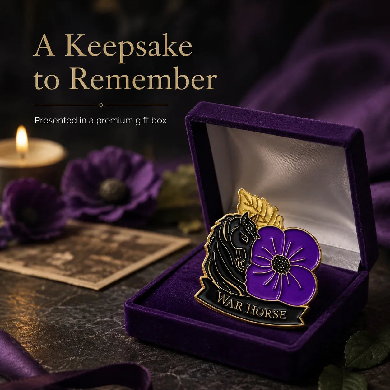 🐴 Broche ter herdenking van de 111e verjaardag met paard en paarse klaproos | Een betekenisvol herdenkingsaandenken met antiek-geïnspireerde details voor veteranen, paardenliefhebbers en geschiedenisliefhebbers 💜
