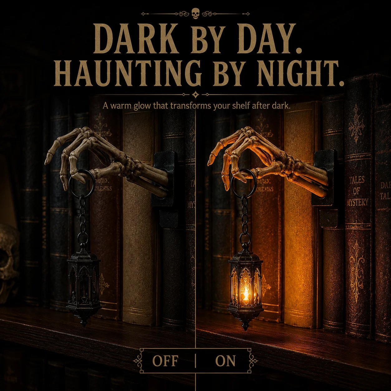 💀 Skeleton Hand Lantern boekenplanklamp | Gotische decoratie voor op de plank op batterijen, met warme amberkleurige LED, snoerloos ontwerp en montage zonder gereedschap 🕯️
