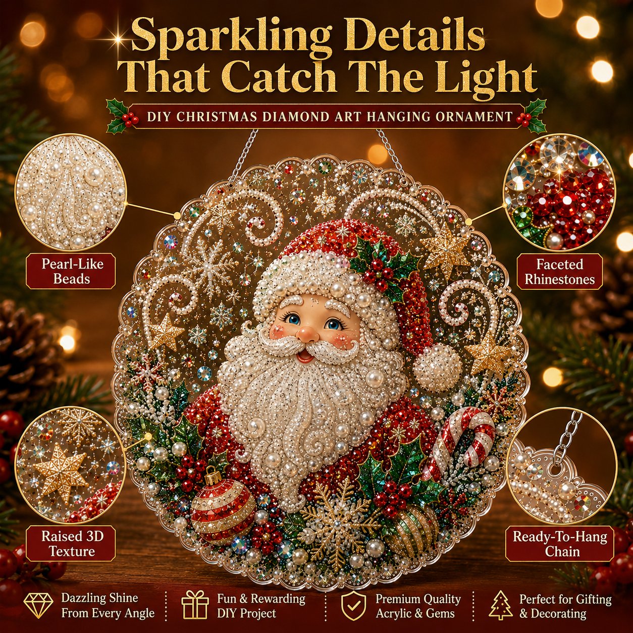 🎄 Kerst-diamantkunst-set met parels voor een acryl wandplaat | Krasbestendig, kleurvast bord met parelkraaltjes | Zelf te maken, handgemaakte kerstversiering 🎅💎