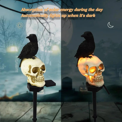 🐦‍⬛Geanimeerde raafschedel-tuinpaal op zonne-energie💀 | Halloween-tuindecoratie voor buiten
