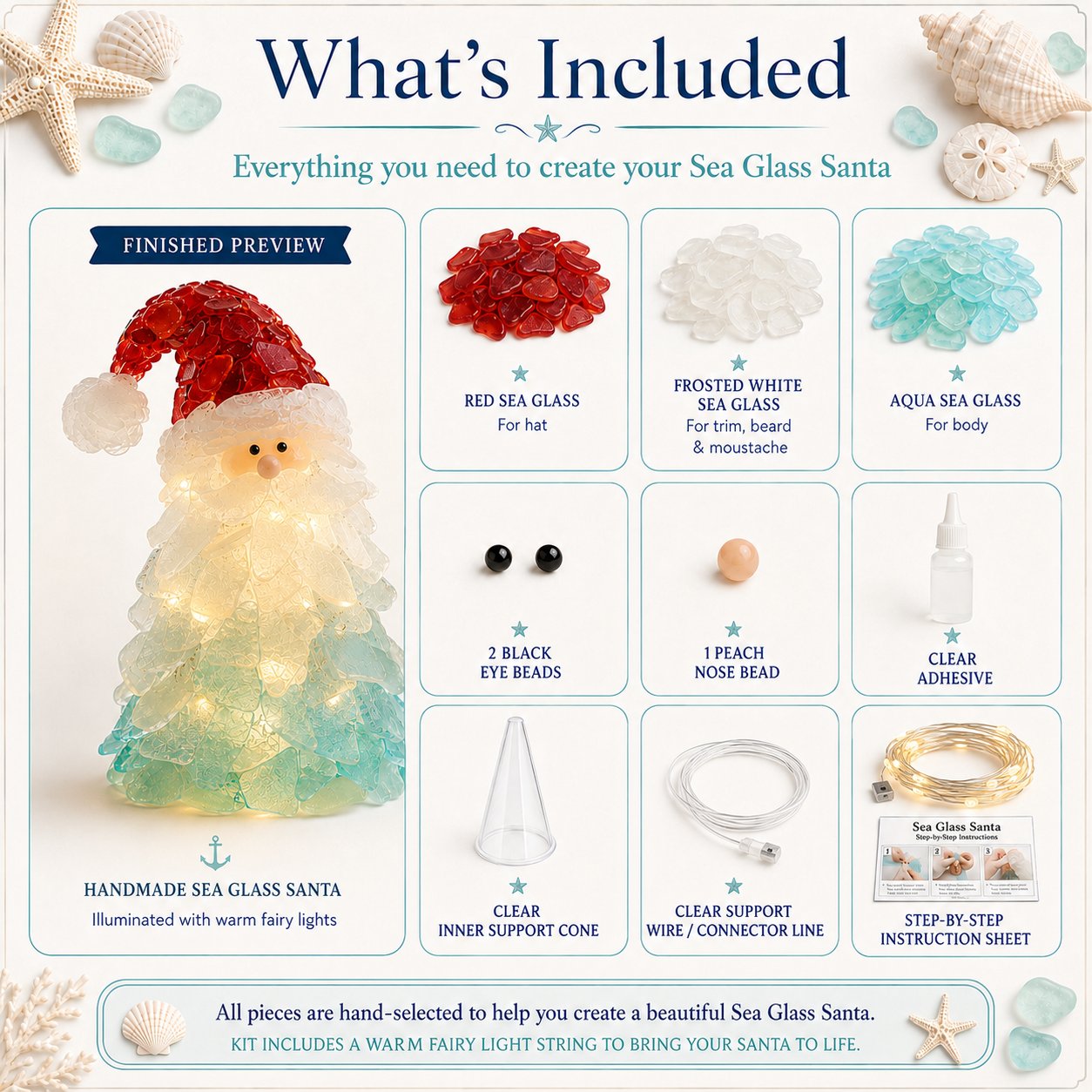 🎅 Beginnersvriendelijke doe-het-zelf-set voor kerstversiering met verlichte zeeglas-kerstman | Complete set inclusief stukjes zeeglas, warme kerstverlichting en een stapsgewijze handleiding 💕
