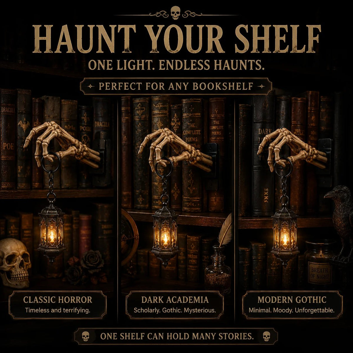 💀 Skeleton Hand Lantern boekenplanklamp | Gotische decoratie voor op de plank op batterijen, met warme amberkleurige LED, snoerloos ontwerp en montage zonder gereedschap 🕯️