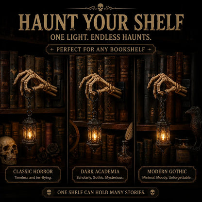 💀 Skeleton Hand Lantern boekenplanklamp | Gotische decoratie voor op de plank op batterijen, met warme amberkleurige LED, snoerloos ontwerp en montage zonder gereedschap 🕯️