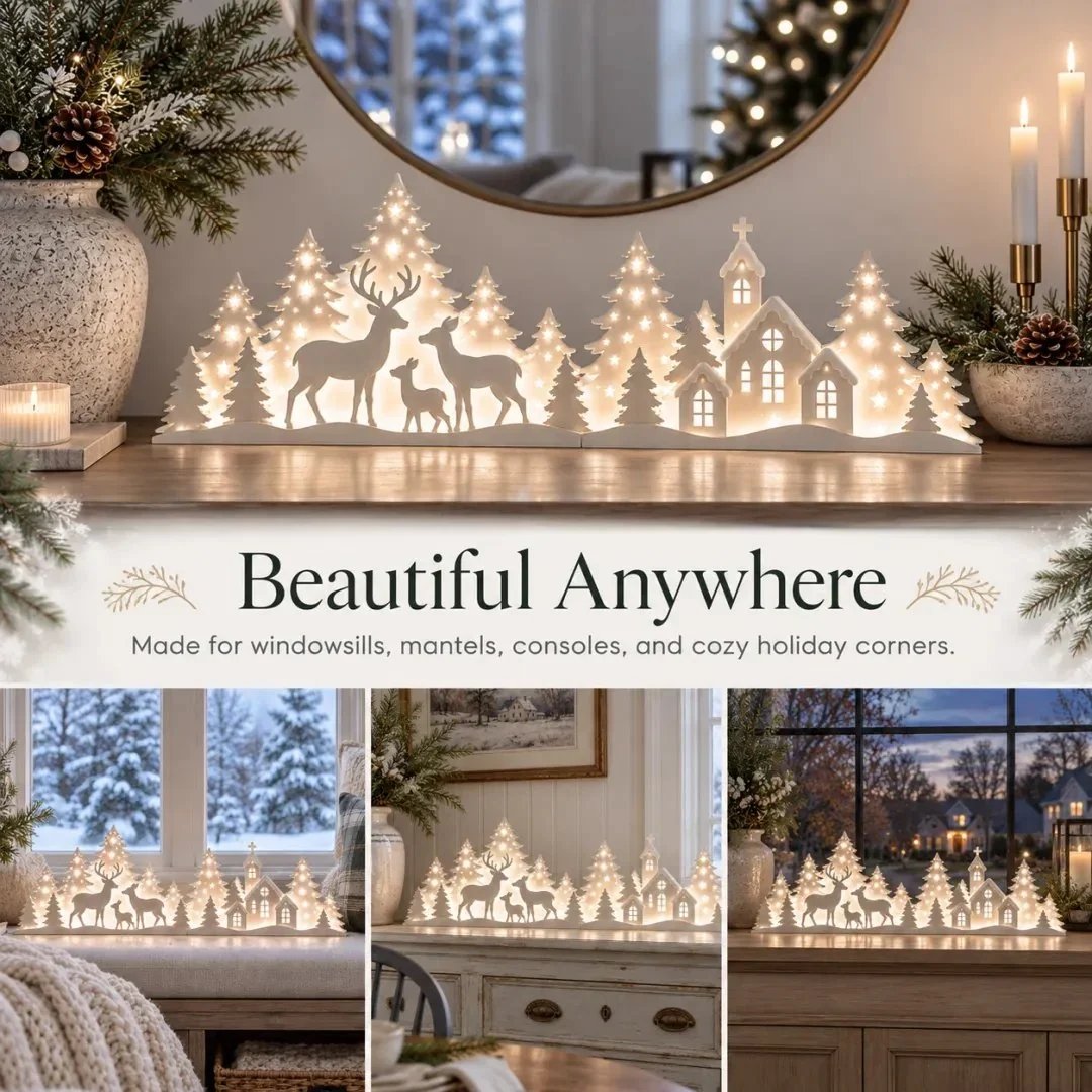 🦌 Verlichte kerstversieringen voor het raam – rendieren & dorp | 2-delige LED-set ✨