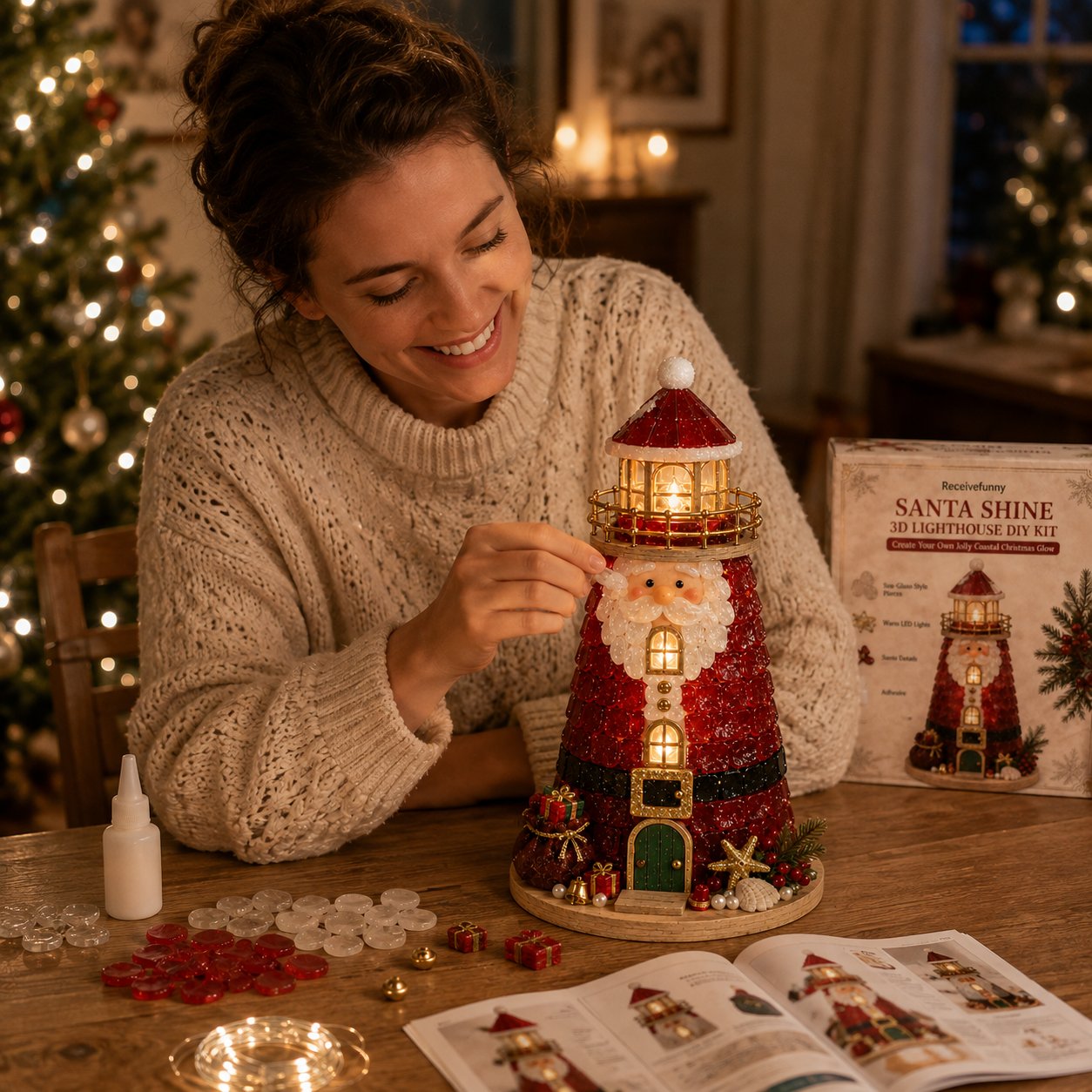 🎄Een voor beginners geschikte doe-het-zelfset voor een verlichte kerstfiguur in de vorm van een vuurtoren in zeeglasstijl | Complete set inclusief onderdelen in zeeglasstijl, led-lampjes en een stapsgewijze handleiding 💕