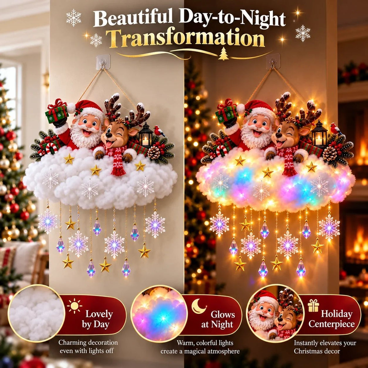🎄 Verlichte kerstwolk als hangdecoratie – Kerstman & winterdorp als kerstversiering