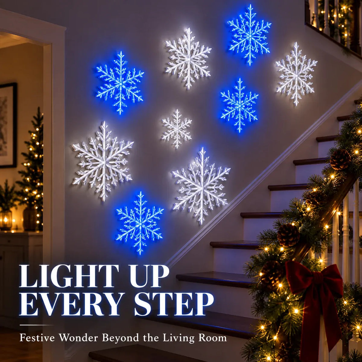 ❄️✨ LED-wandlampjes in de vorm van sneeuwvlokken — 3D-kerstversiering met afstandsbediening, blauwe en witte gloed