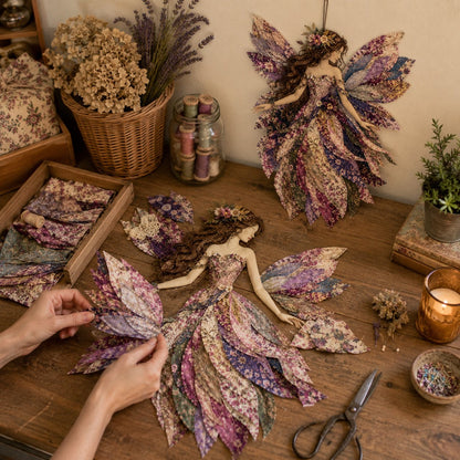 🧚‍♀️🌸 Premium doe-het-zelfpakket ‘Fairy Patchwork’ | Hoogwaardige gelaagde stof met bloemmotiefvleugels – doe-het-zelf, handgemaakte fantasiewanddecoratie ✨