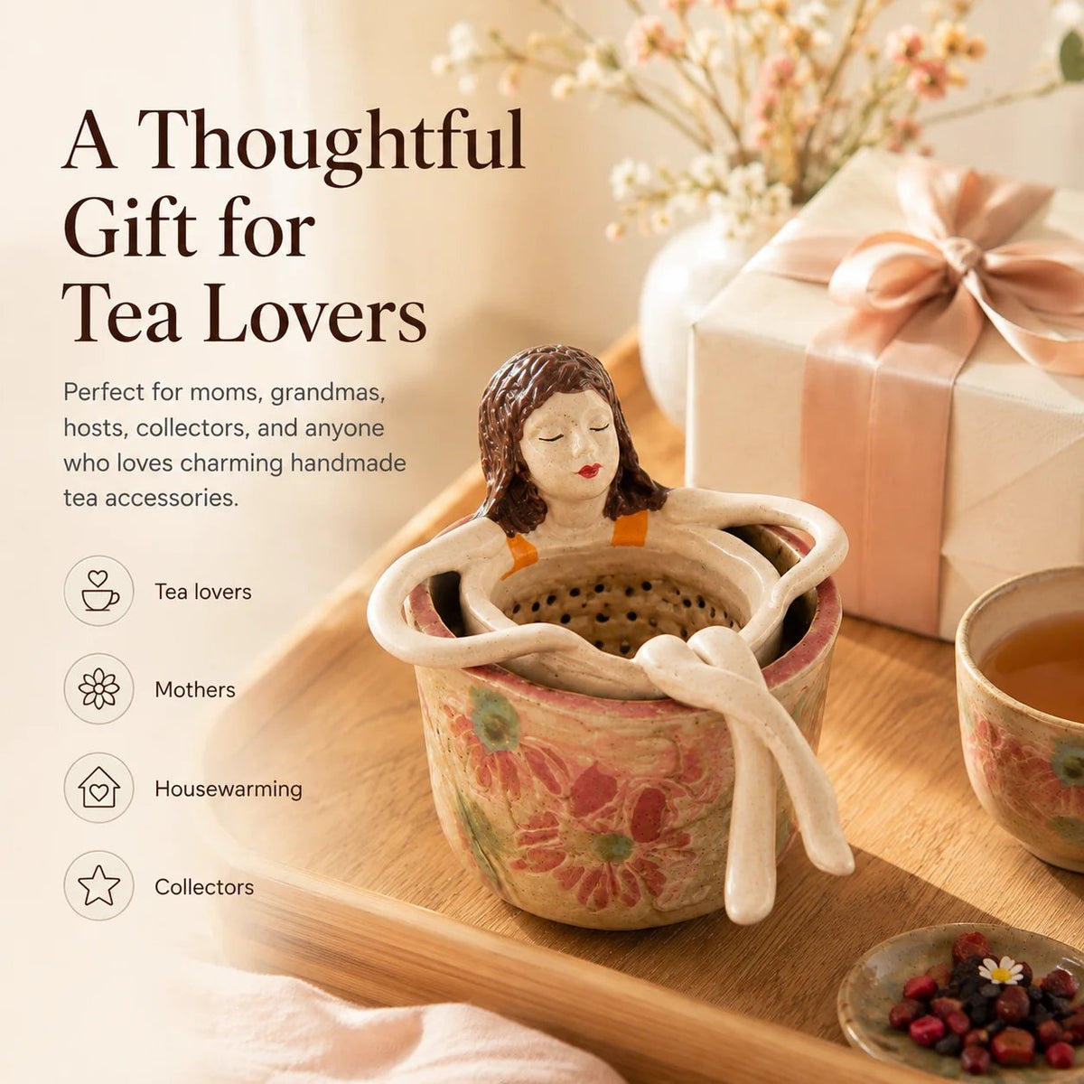 ☕🏺Whimsical Sitting Lady Ceramic Tea Strainer Collection