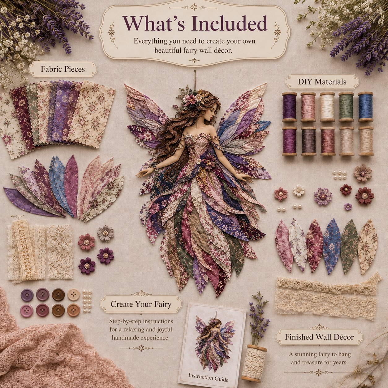 🧚‍♀️🌸 Premium doe-het-zelfpakket ‘Fairy Patchwork’ | Hoogwaardige gelaagde stof met bloemmotiefvleugels – doe-het-zelf, handgemaakte fantasiewanddecoratie ✨