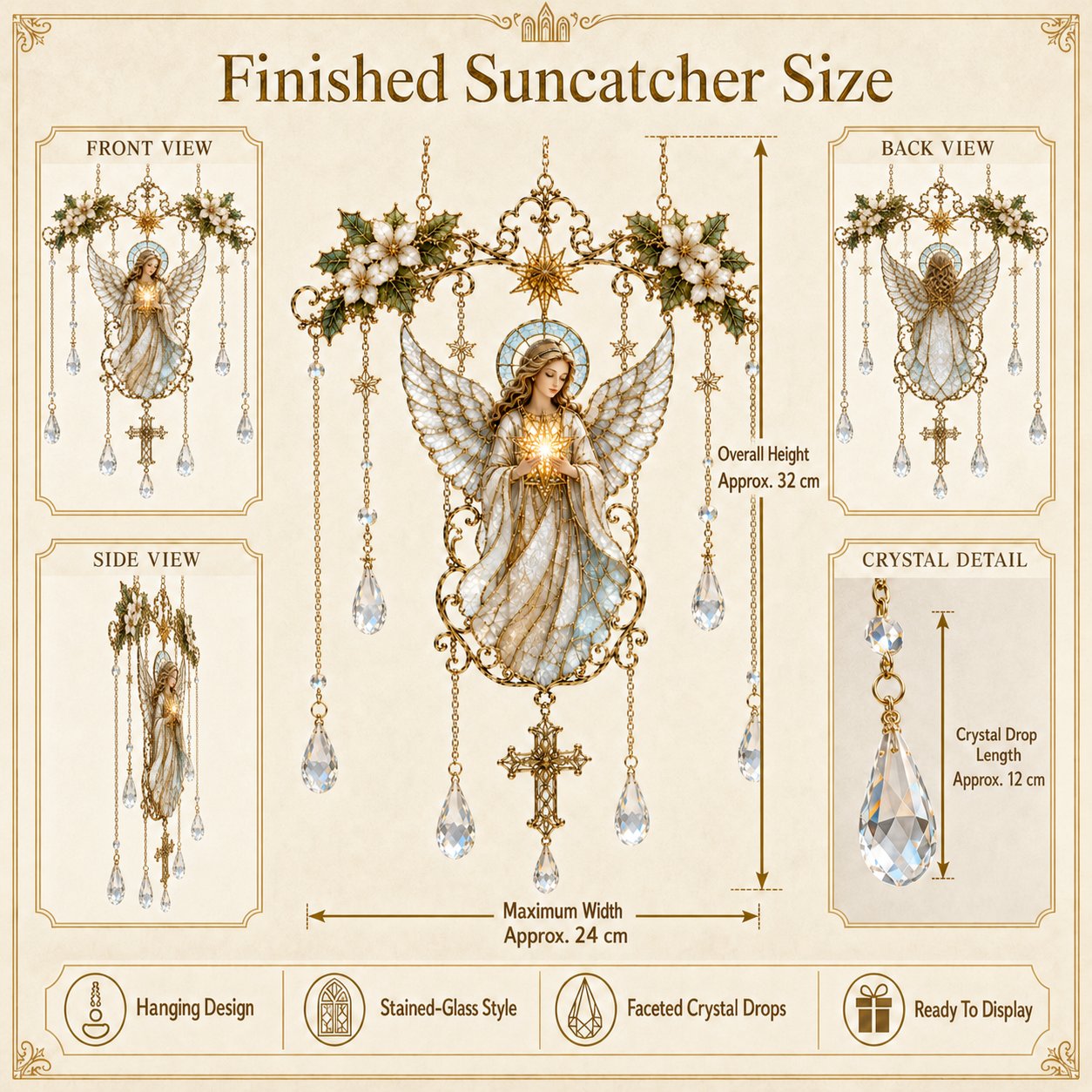 ✨ Collectie ‘Blessing Suncatcher’ in glas-in-loodstijl | Op het geloof geïnspireerde raamdecoratie met goudkleurige omlijsting en kristallen regenboogdruppels 🌈🙏