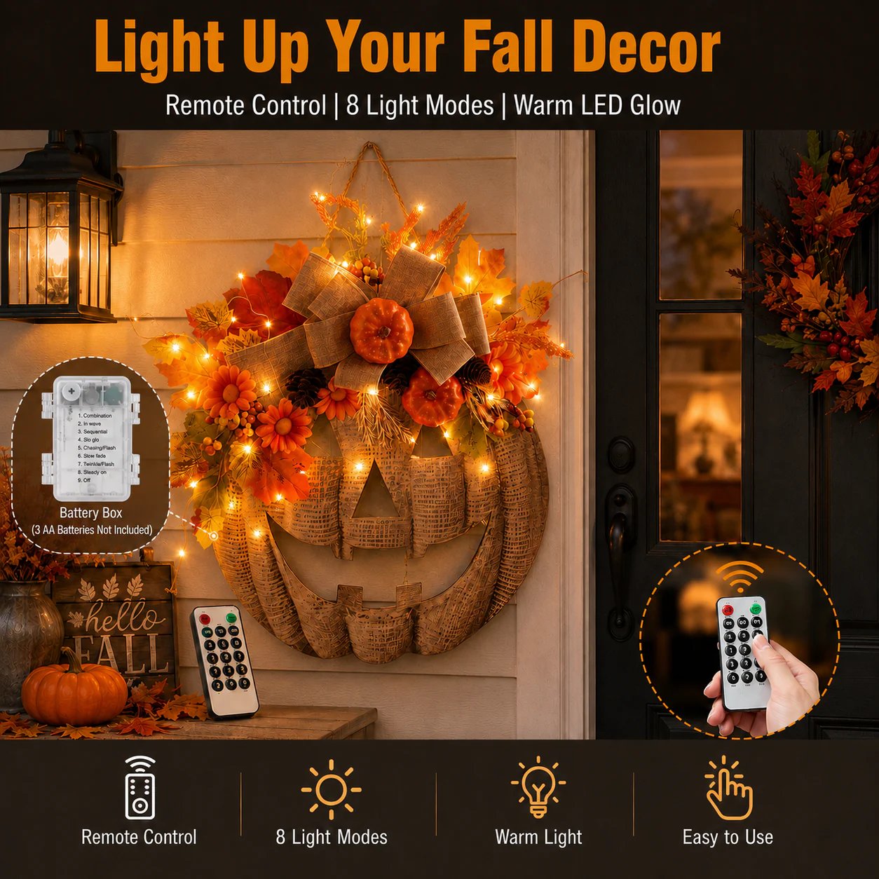 🎃✨ Lighted Burlap Pumpkin Wreath  (✨Limited Edition 2026)