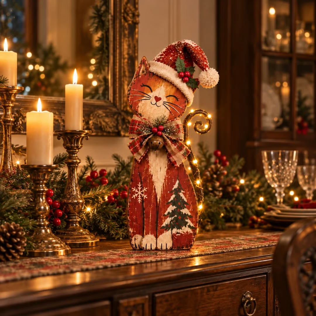 🎄Vintage verlicht kerstkattentrio🐱