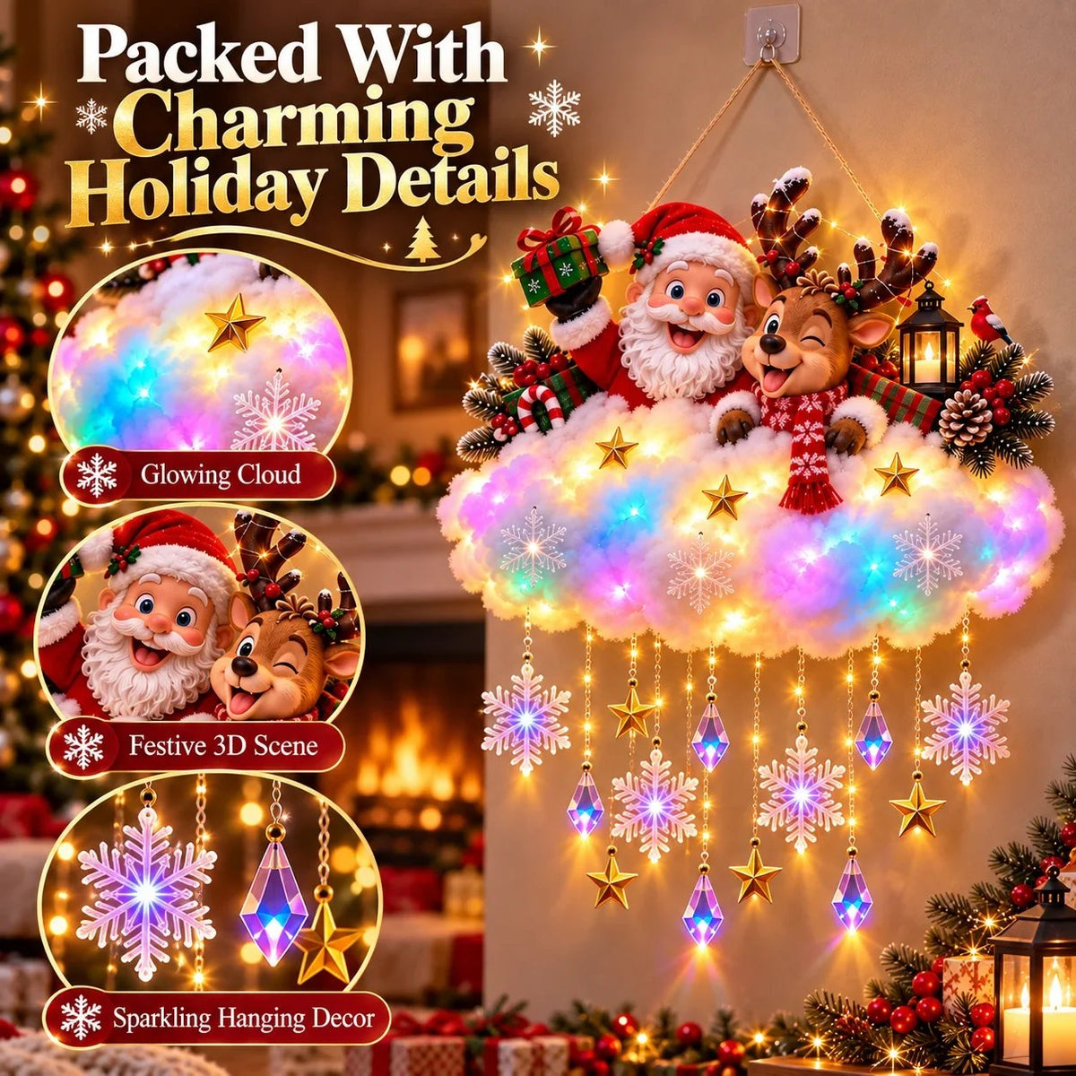 🎄 Verlichte kerstwolk als hangdecoratie – Kerstman & winterdorp als kerstversiering