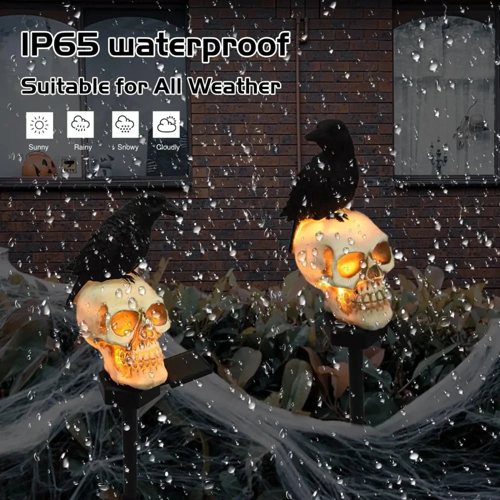 🐦‍⬛Geanimeerde raafschedel-tuinpaal op zonne-energie💀 | Halloween-tuindecoratie voor buiten