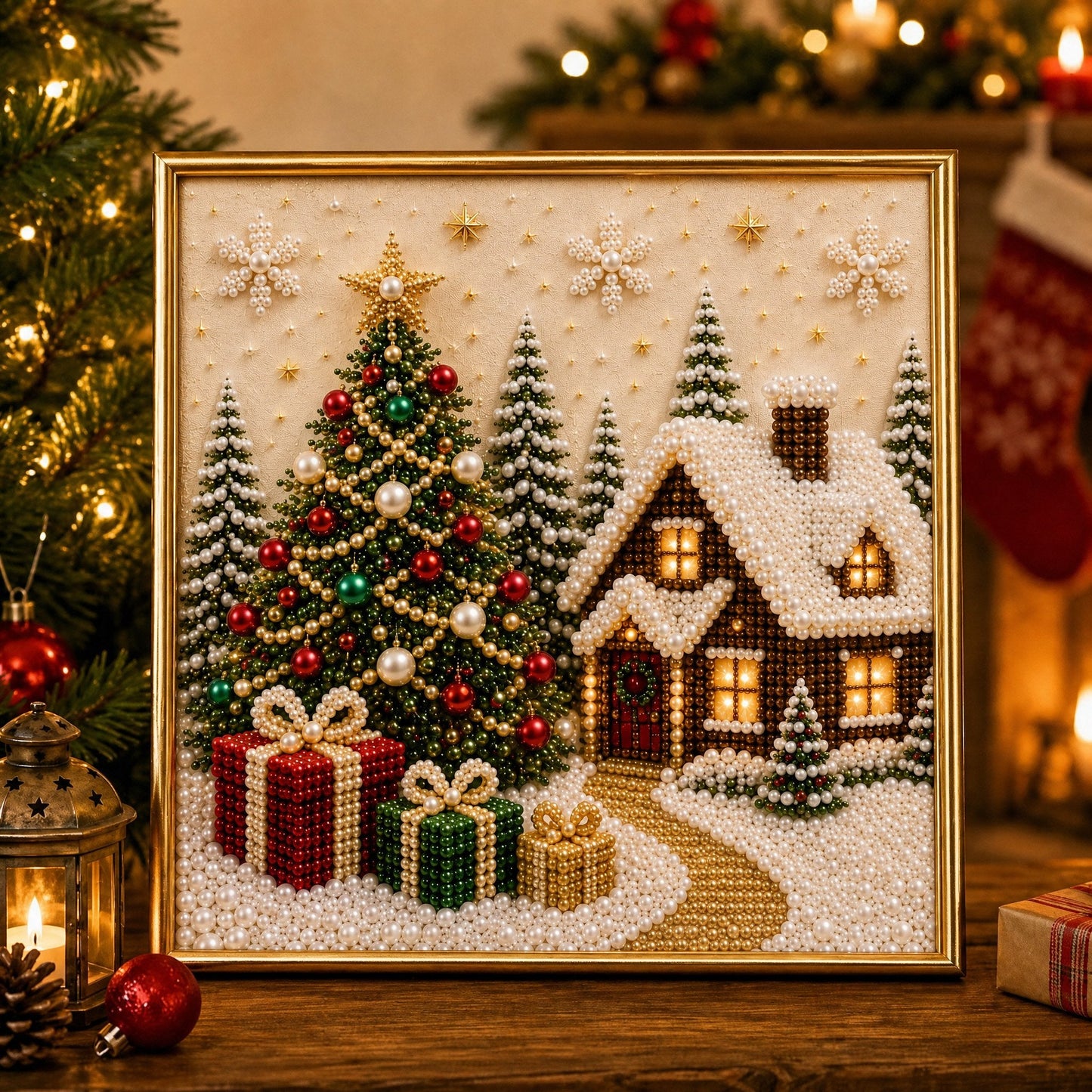 🎄🎅 Premium 3D-kerstwanddecoratieset met parels | Luxe canvas met vloklaag en krasbestendige, kleurvaste parelkraaltjes – DIY-kerstdecoratie ⛄️❄️