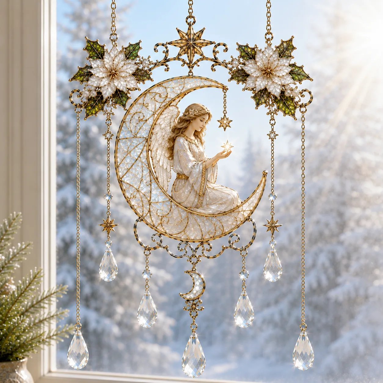 ✨ Collectie ‘Blessing Suncatcher’ in glas-in-loodstijl | Op het geloof geïnspireerde raamdecoratie met goudkleurige omlijsting en kristallen regenboogdruppels 🌈🙏