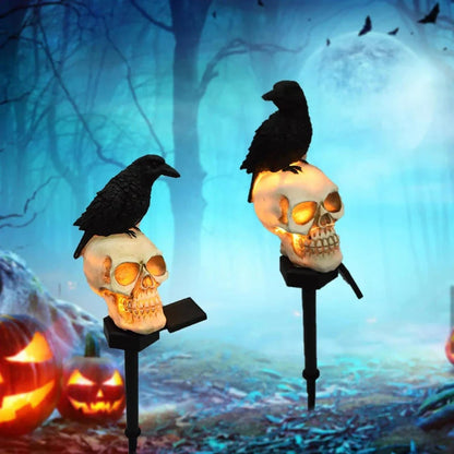 🐦‍⬛Geanimeerde raafschedel-tuinpaal op zonne-energie💀 | Halloween-tuindecoratie voor buiten
