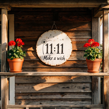 🌙🌼✨Rond, rustiek metalen bord met paardenbloem en het ontwerp ‘11:11 Doe een wens’