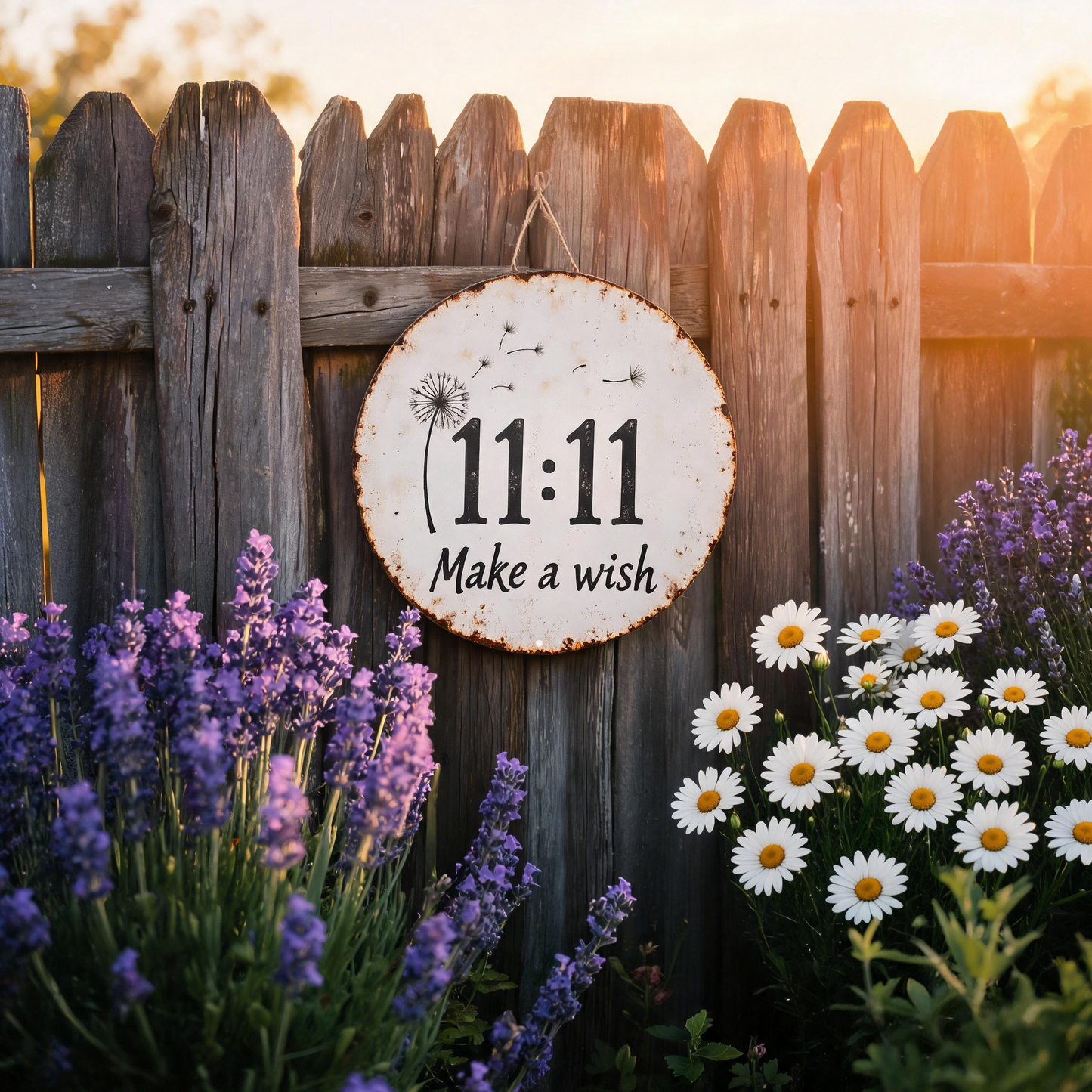 🌙🌼✨Rond, rustiek metalen bord met paardenbloem en het ontwerp ‘11:11 Doe een wens’