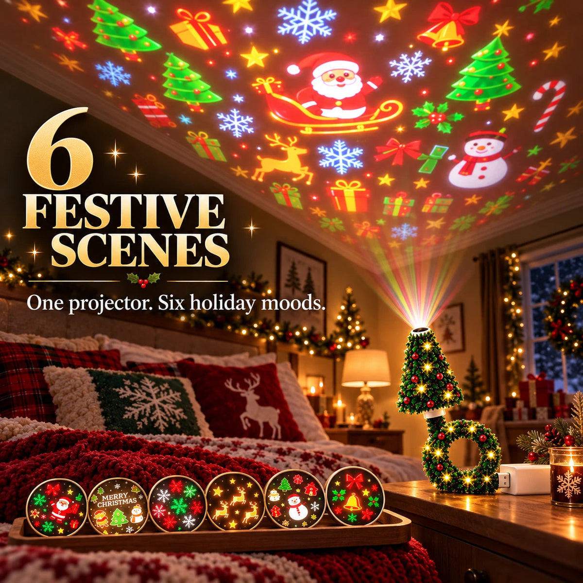 🌟 Christmas 5D Projection Light🎄⛄🎅USB Powered Christmas Night Light with 6+ Holiday Patterns