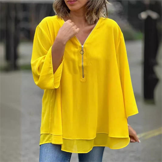 ✨Dubbellaagse V-hals ritssluiting 3/4 mouwen zachte tops