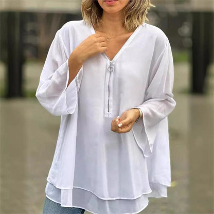 ✨Dubbellaagse V-hals ritssluiting 3/4 mouwen zachte tops