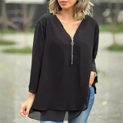 ✨Dubbellaagse V-hals ritssluiting 3/4 mouwen zachte tops