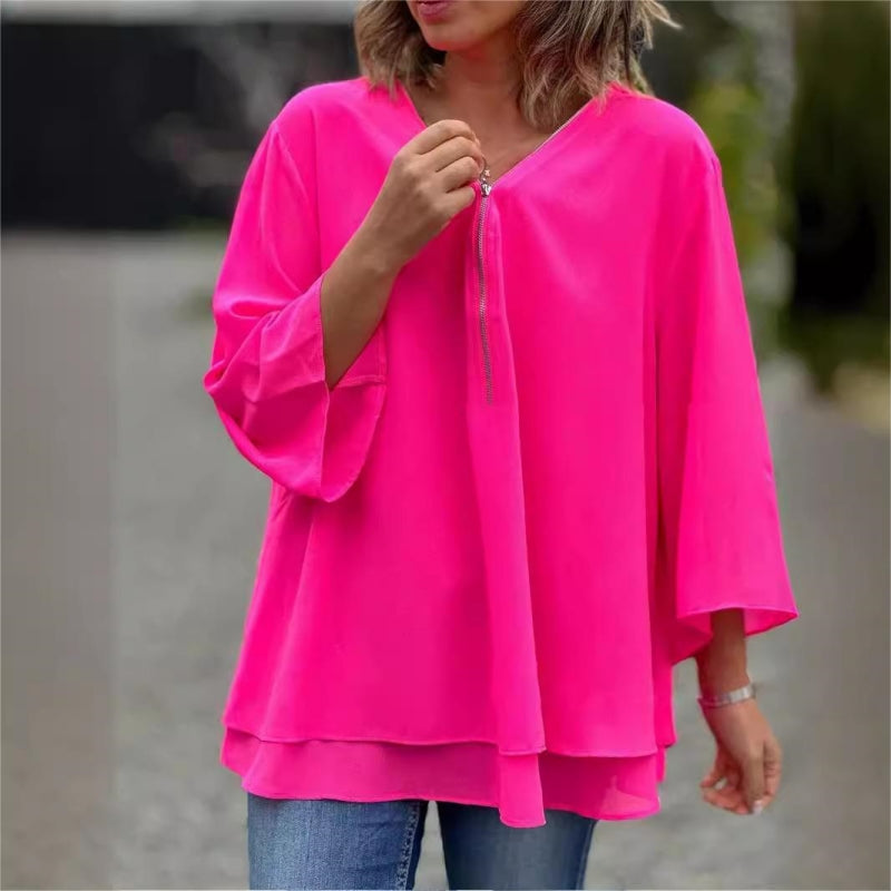 ✨Dubbellaagse V-hals ritssluiting 3/4 mouwen zachte tops