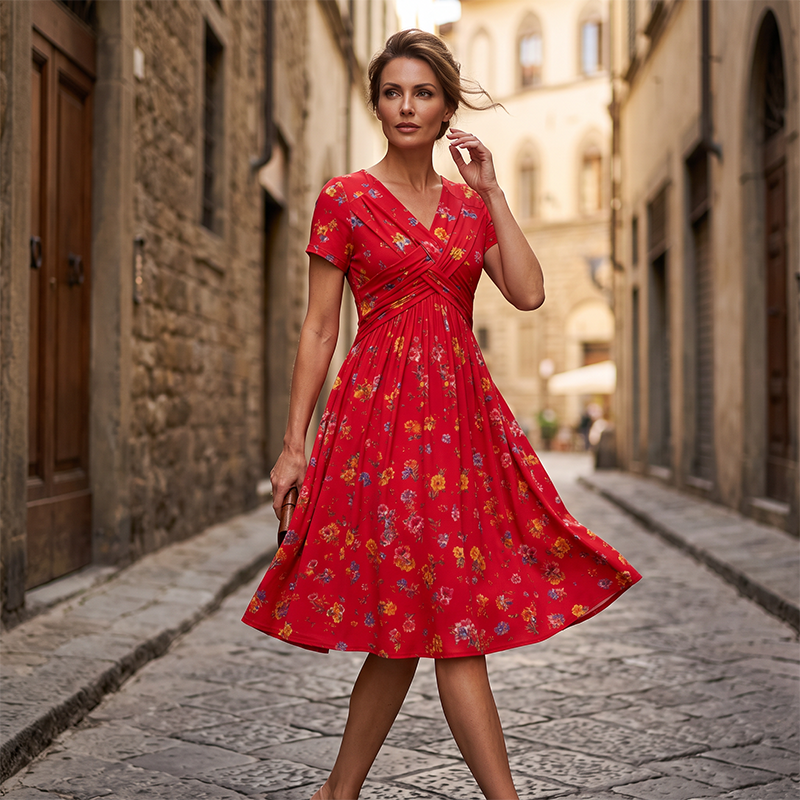 👗V‑hals damesjurk | Bloemenprint & gedraaide taille