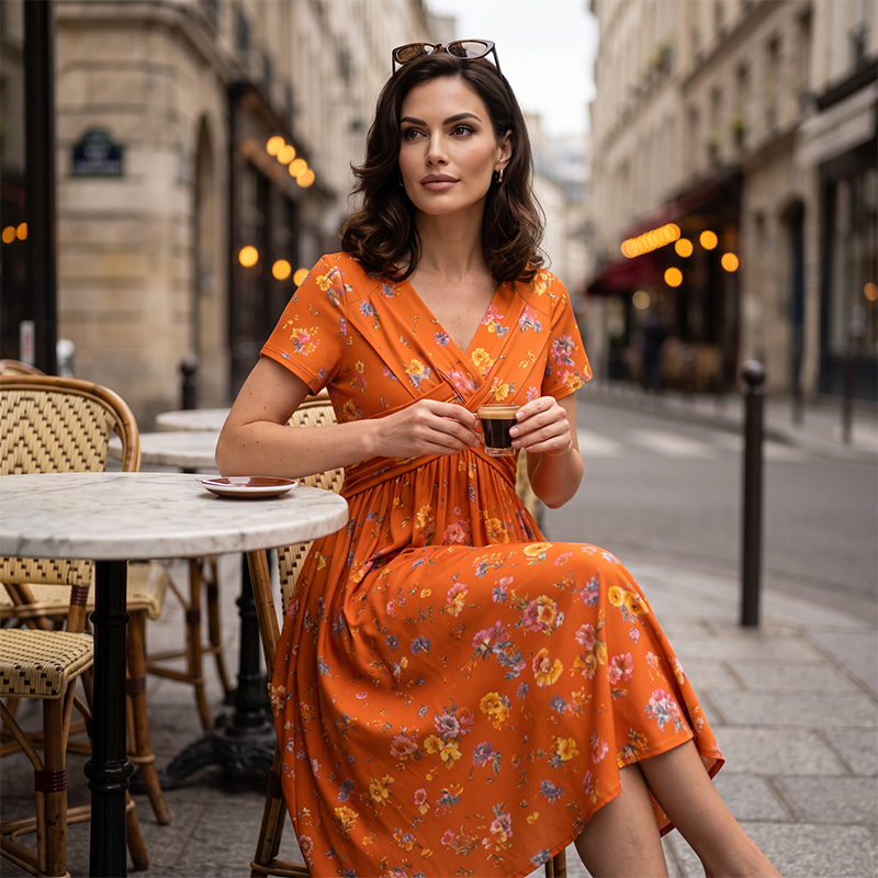 👗V‑hals damesjurk | Bloemenprint & gedraaide taille