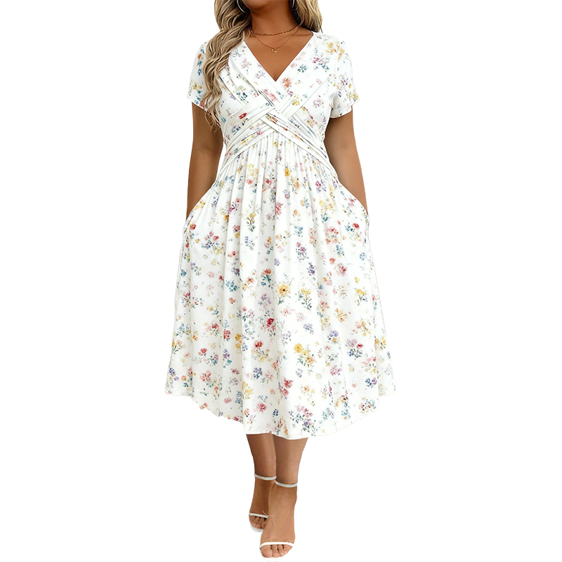 👗V‑hals damesjurk | Bloemenprint & gedraaide taille
